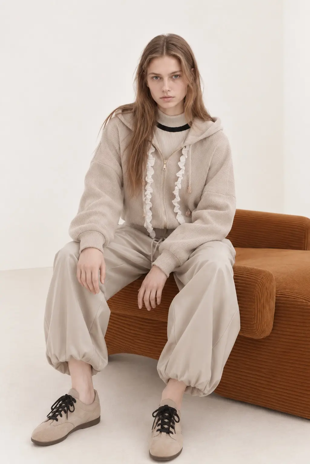 [CAHISIENNE] Frill Zipper Hood Zip-Up (Beige)