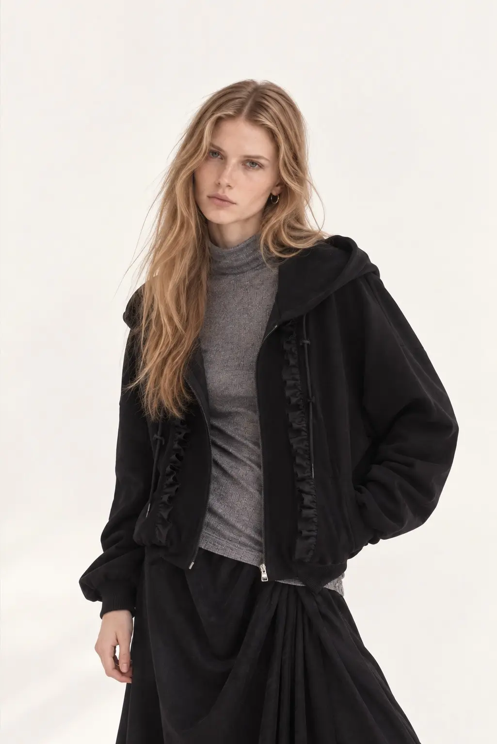 [CAHISIENNE] Frill Zipper Hood Zip-Up (Black)