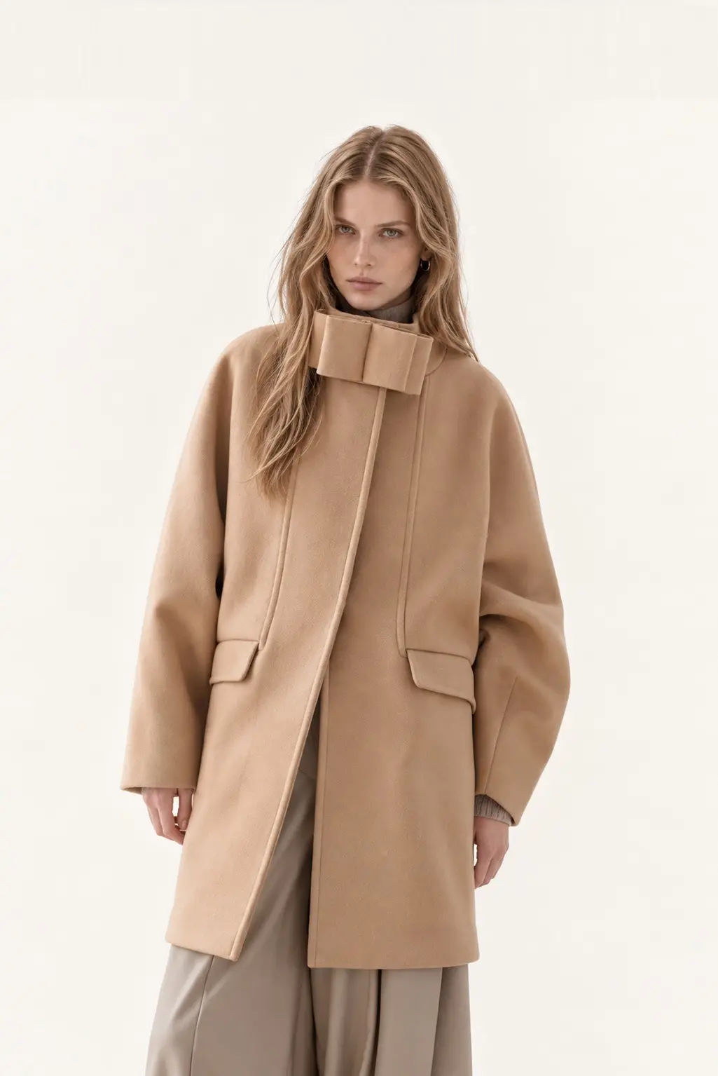 [CAHISIENNE] High-Neck Big Ribbon Point Oversized Wool Coat