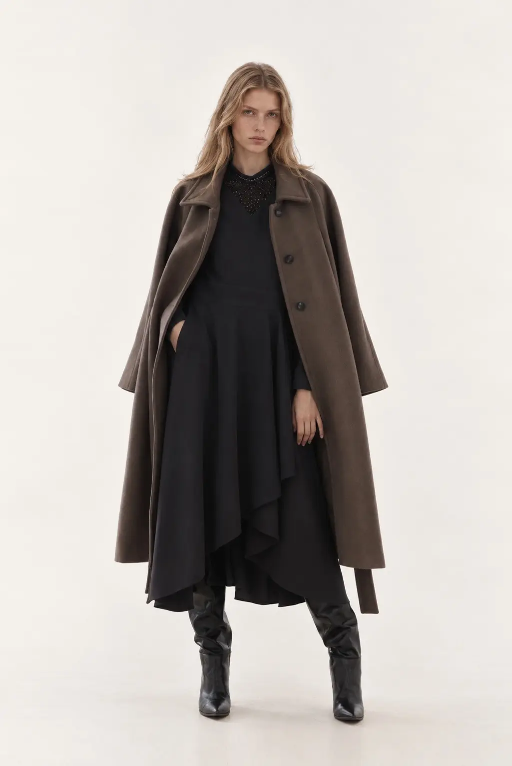 [CAHISIENNE] Oversized Belted Button Long Wool Coat