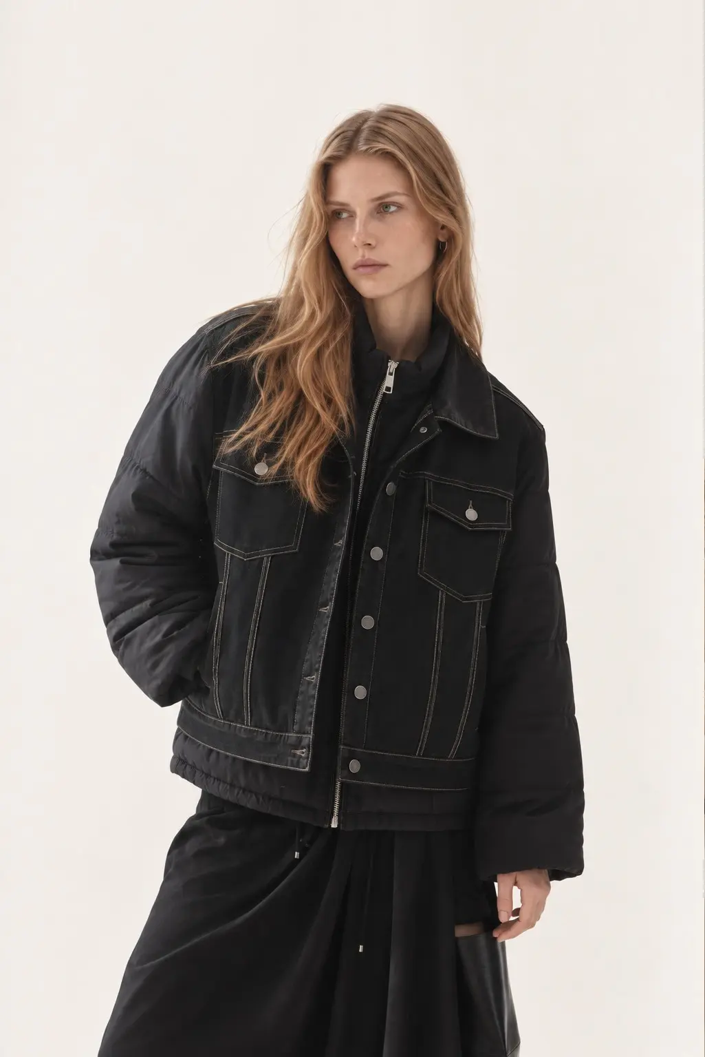 [CAHISIENNE] Denim Line Quilted Padded Jacket Set