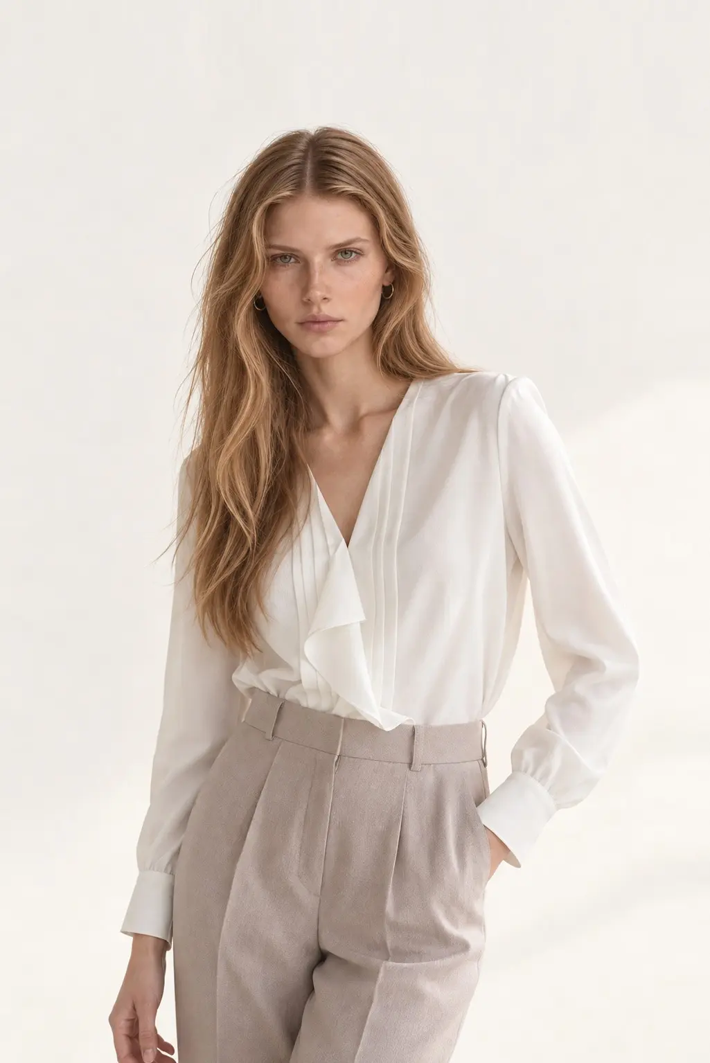 [CAHISIENNE] White Ruffle V-Neck Blouse