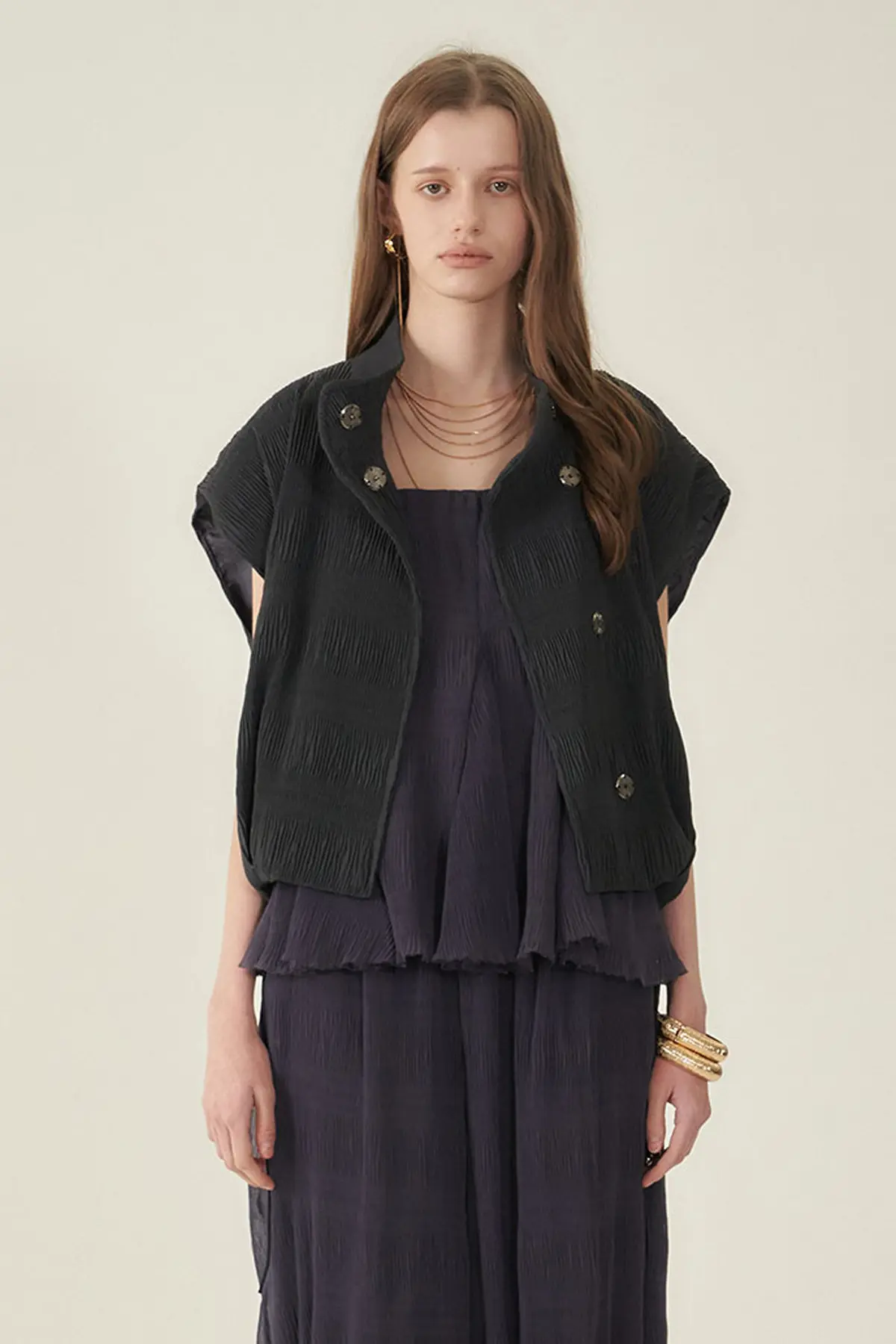 [CAHIERS 26SS] Crinkle High-Neck Balloon Cap-Sleeve Jacket