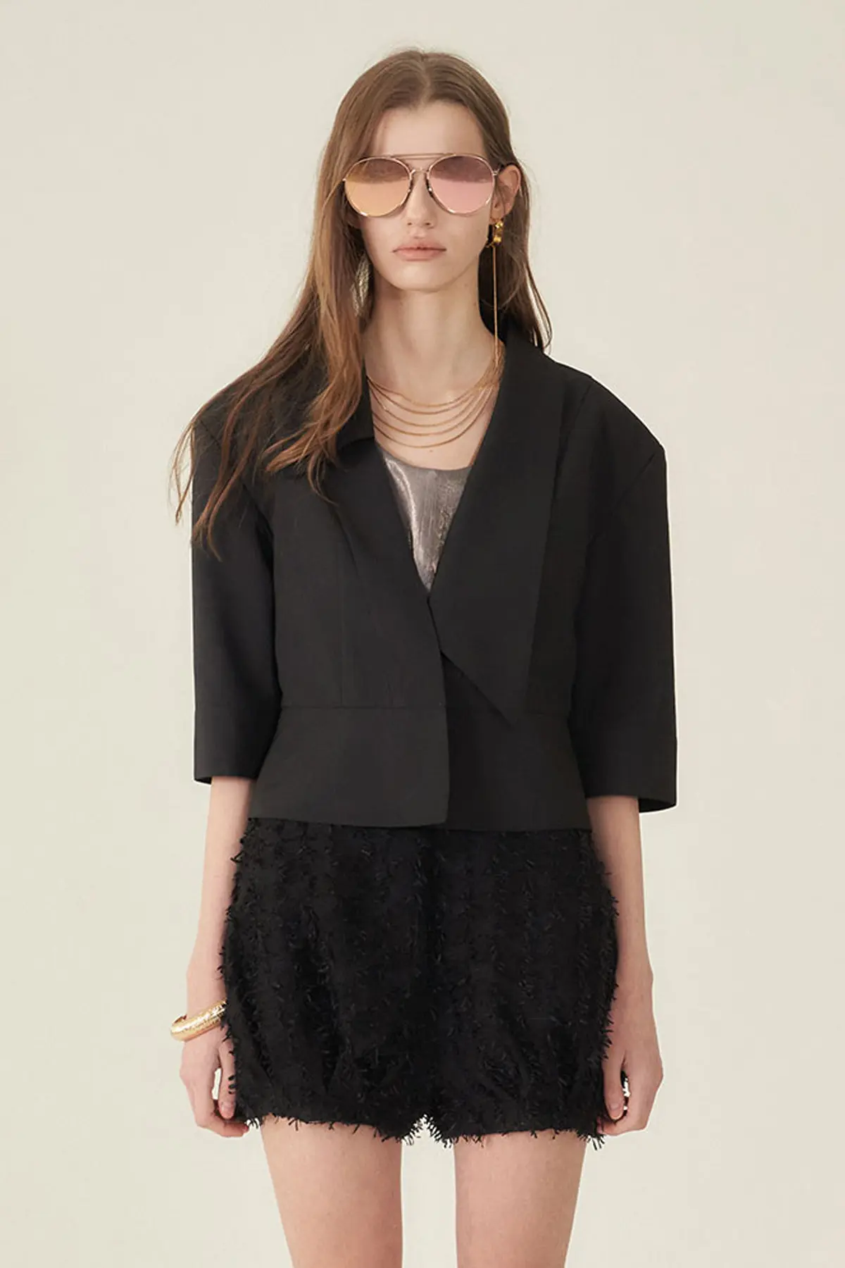 [CAHIERS 26SS] Sculptural Shawl Collar Three-Quarter Sleeve Crop Jacket