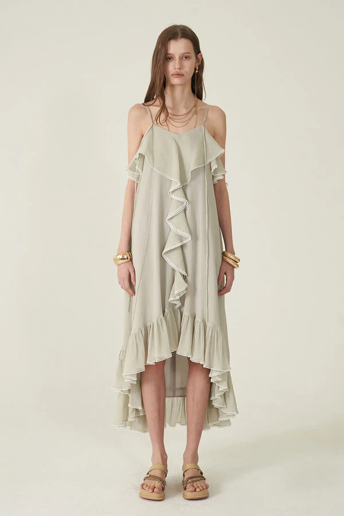 [CAHIERS 26SS] Silver-Thread Stripe Cotton-Silk Center Frill Asymmetric Dress