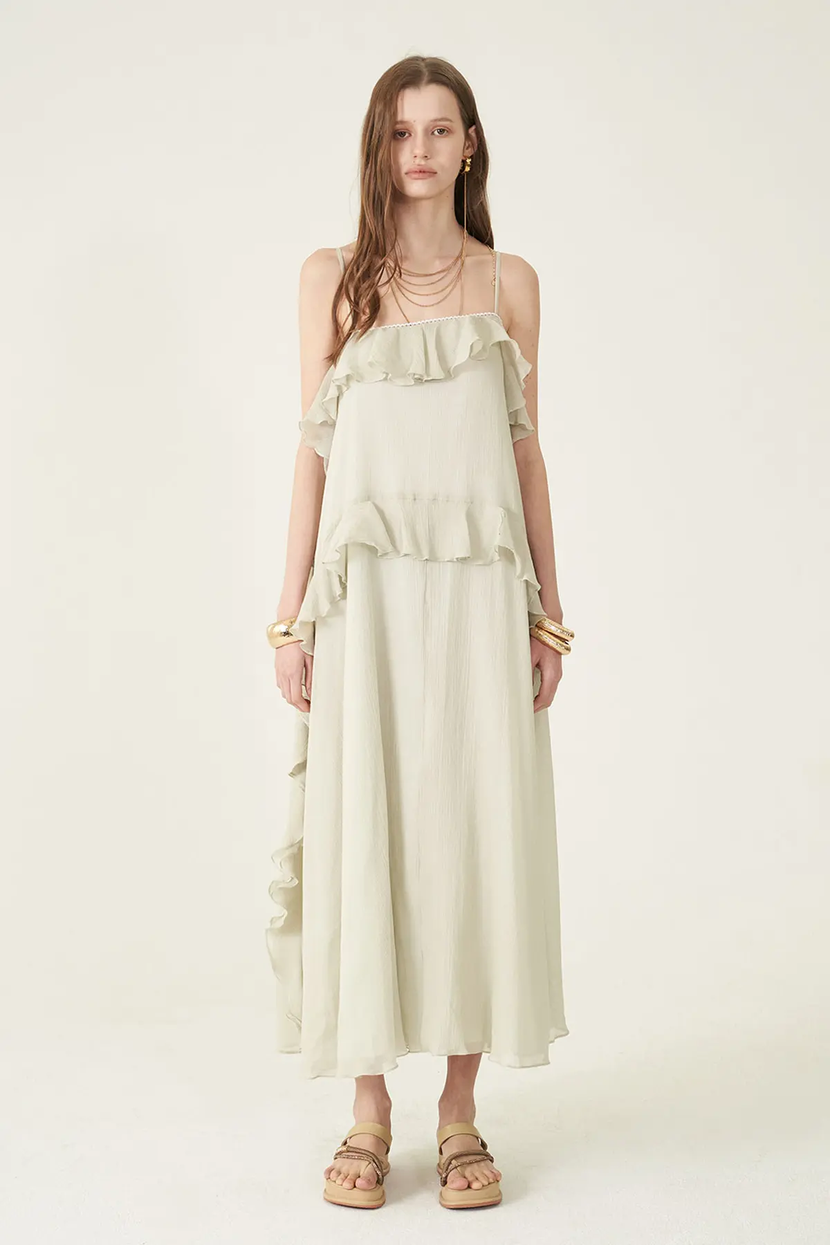 [CAHIERS 26SS] Silver-Thread Stripe Cotton-Silk Tiered Frill Slip Dress