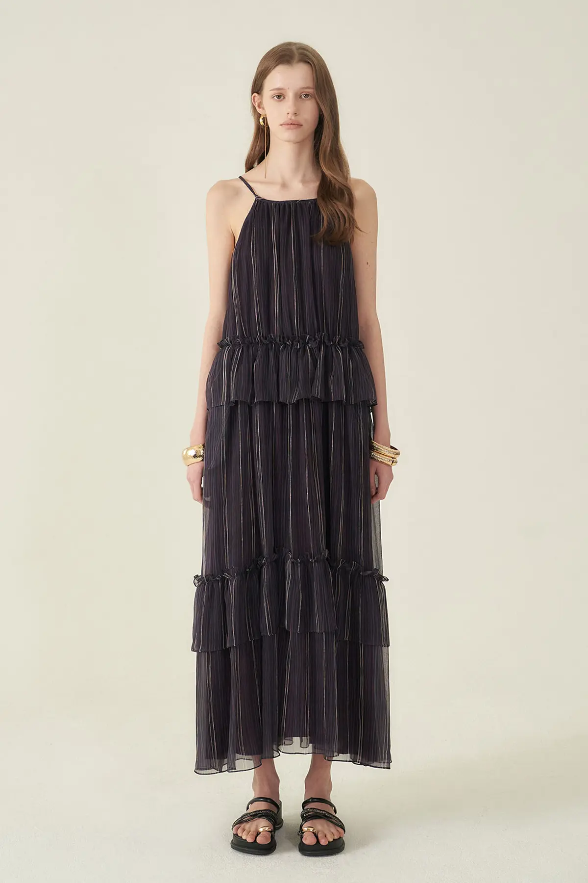 [CAHIERS 26SS] Stripe Silk Tiered Frill Sleeveless Maxi Dress