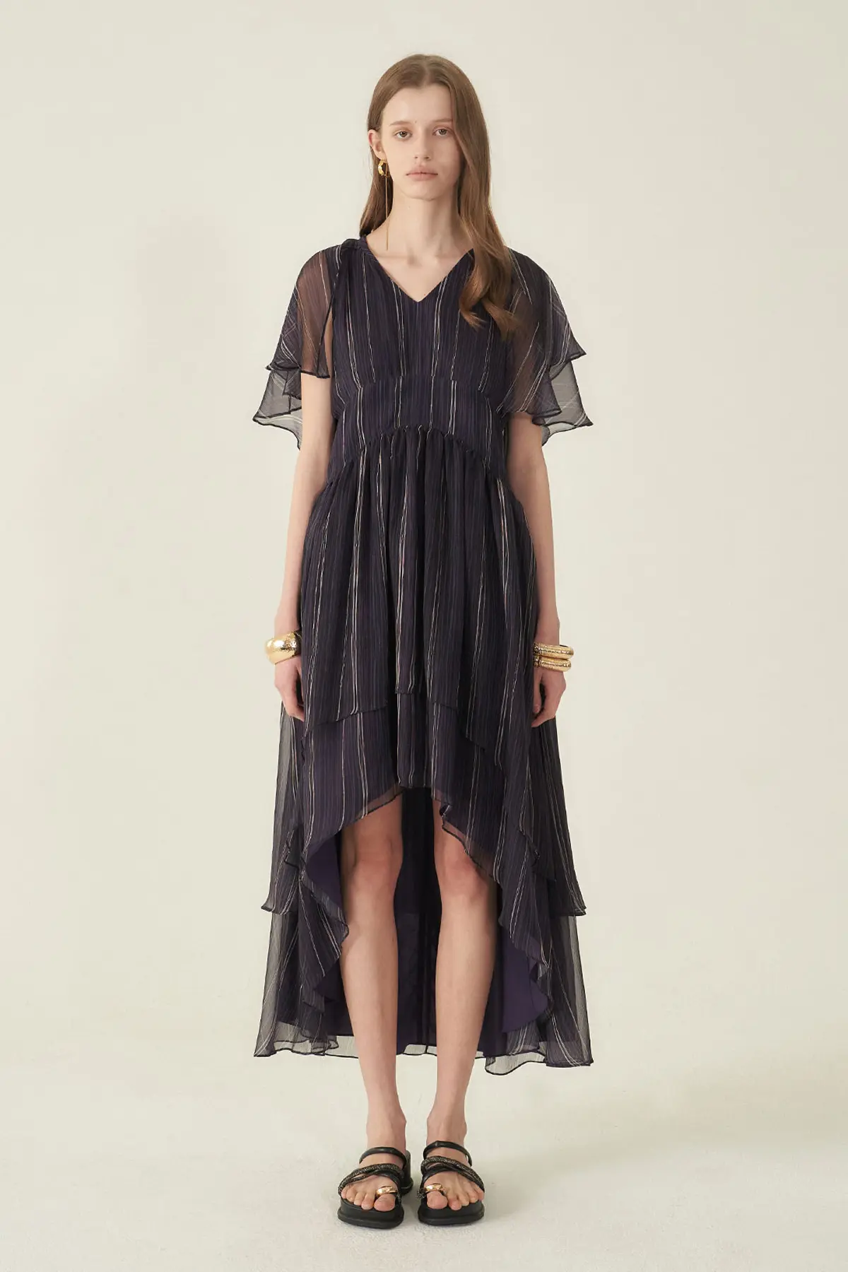 [CAHIERS 26SS] Stripe Silk Flutter Sleeve Asymmetric Dress