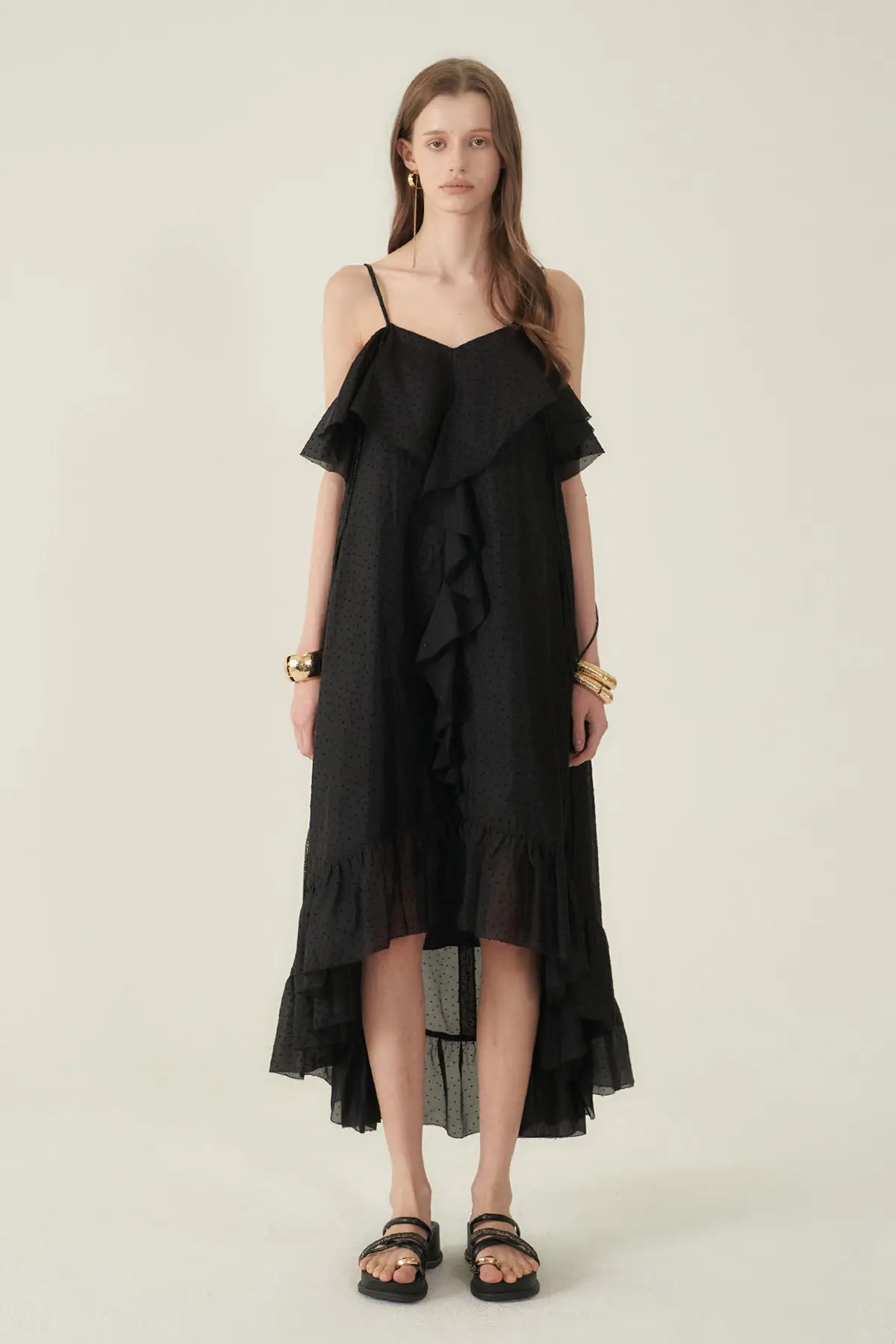 [CAHIERS 26SS] Mini Dot Chiffon Center Frill Asymmetric Dress
