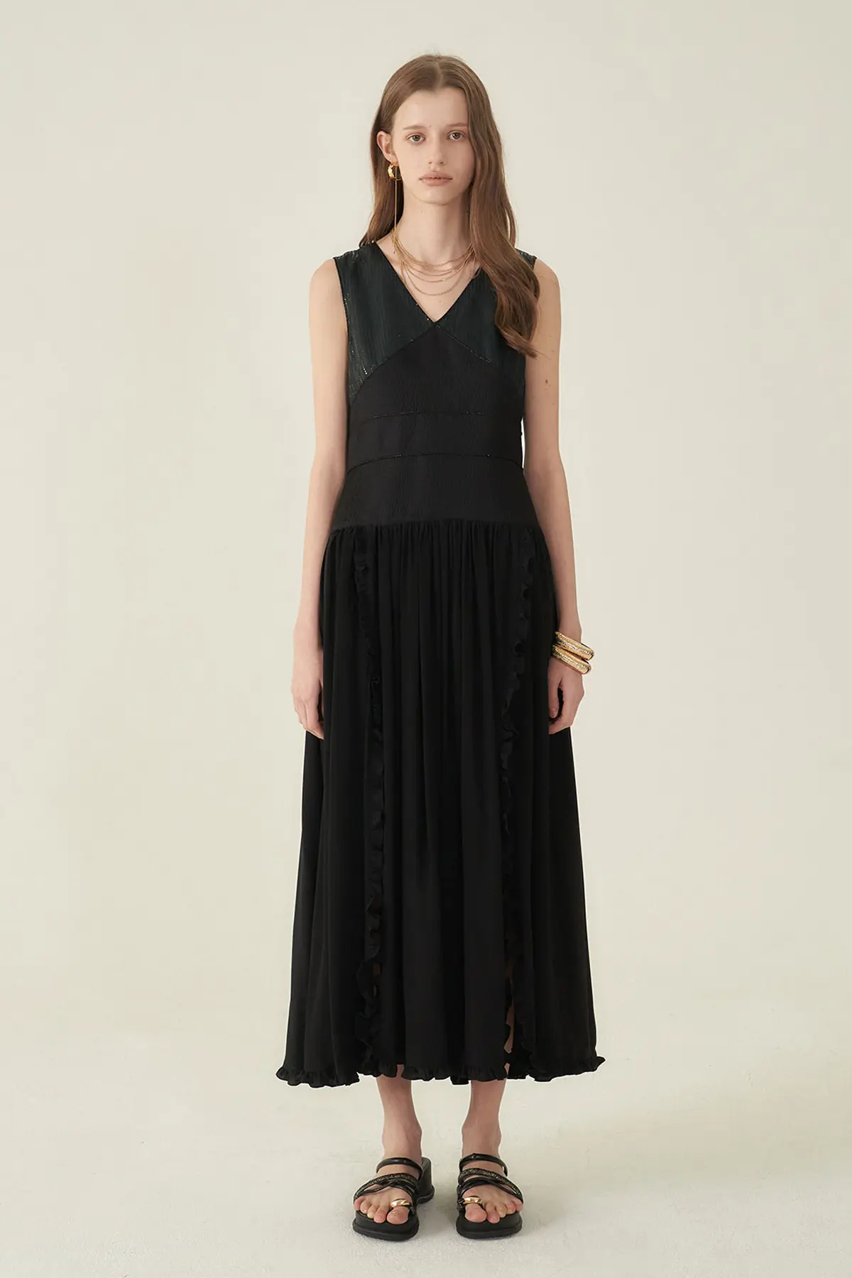 [CAHIERS 26SS] Sequin Top Side Ruffle Slit Maxi Dress
