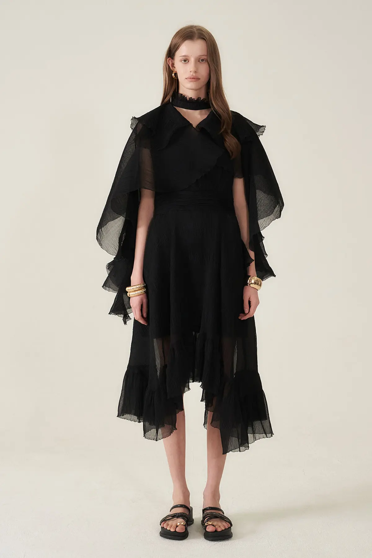 [CAHIERS 26SS] Crinkle Black Cape Layered Asymmetric Dress