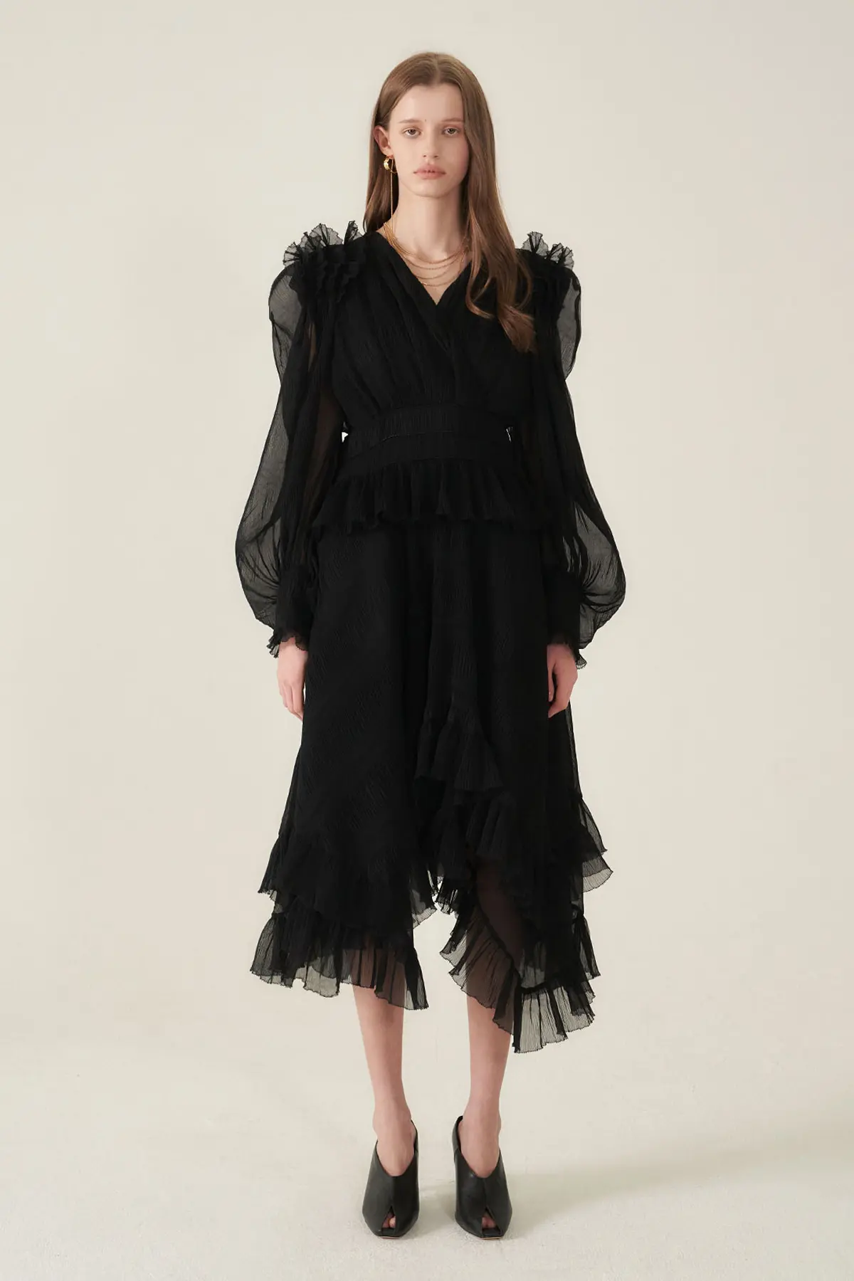 [CAHIERS 26SS] Crinkle Black Peplum Long-Sleeve Dress