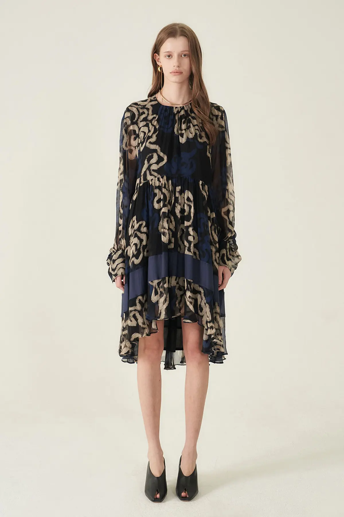 [CAHIERS 26SS] Art Graphic Chiffon Silk Layered Long-Sleeve Dress