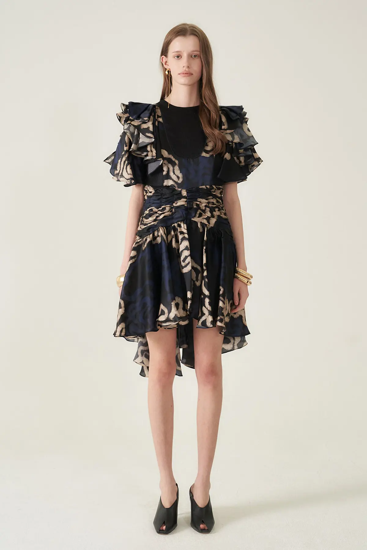 [CAHIERS 26SS] Art Graphic Satin Silk Ruffle Sleeve Asymmetric Dress