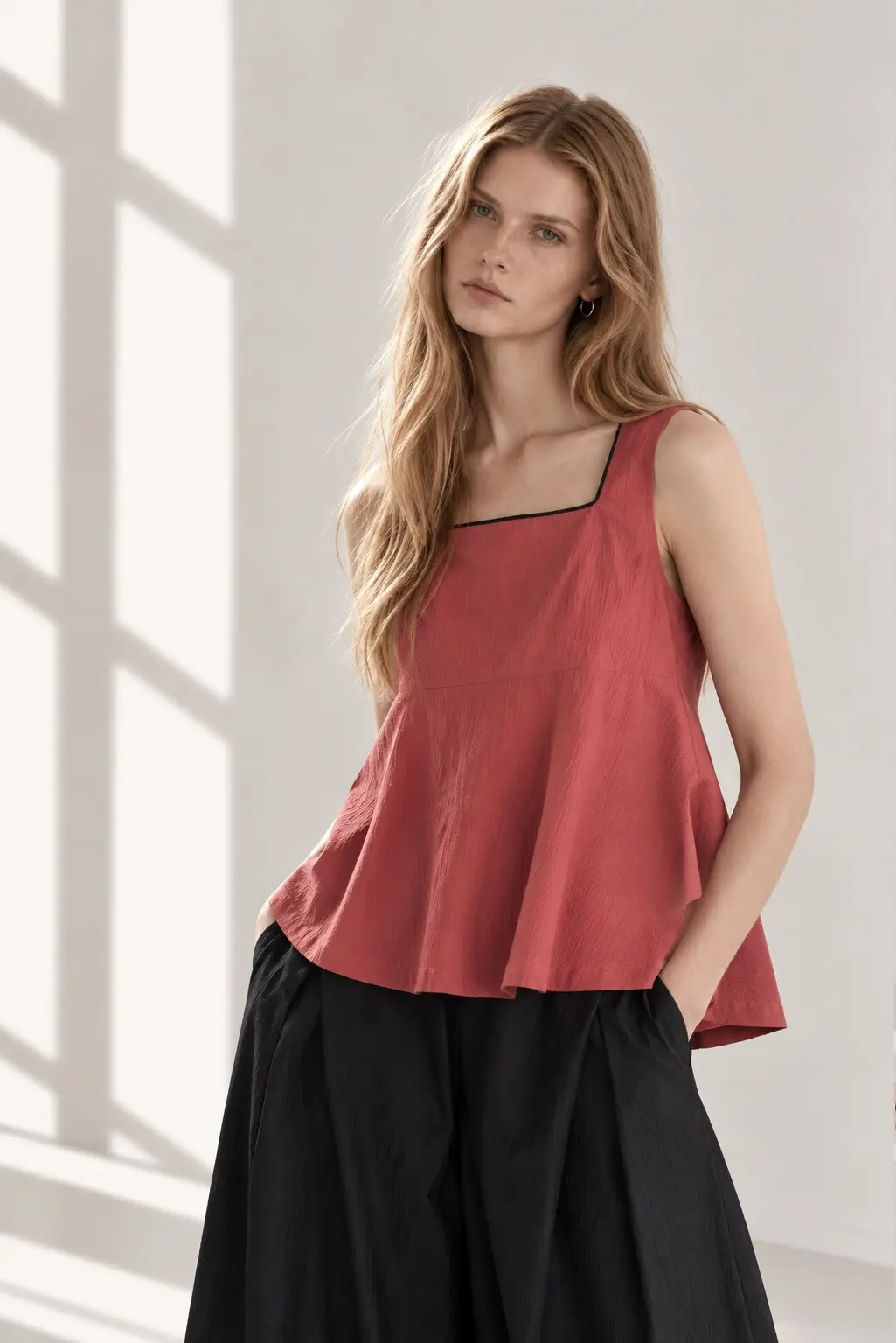 [CAHISIENNE] Black Piping Square Neck Flare Blouse