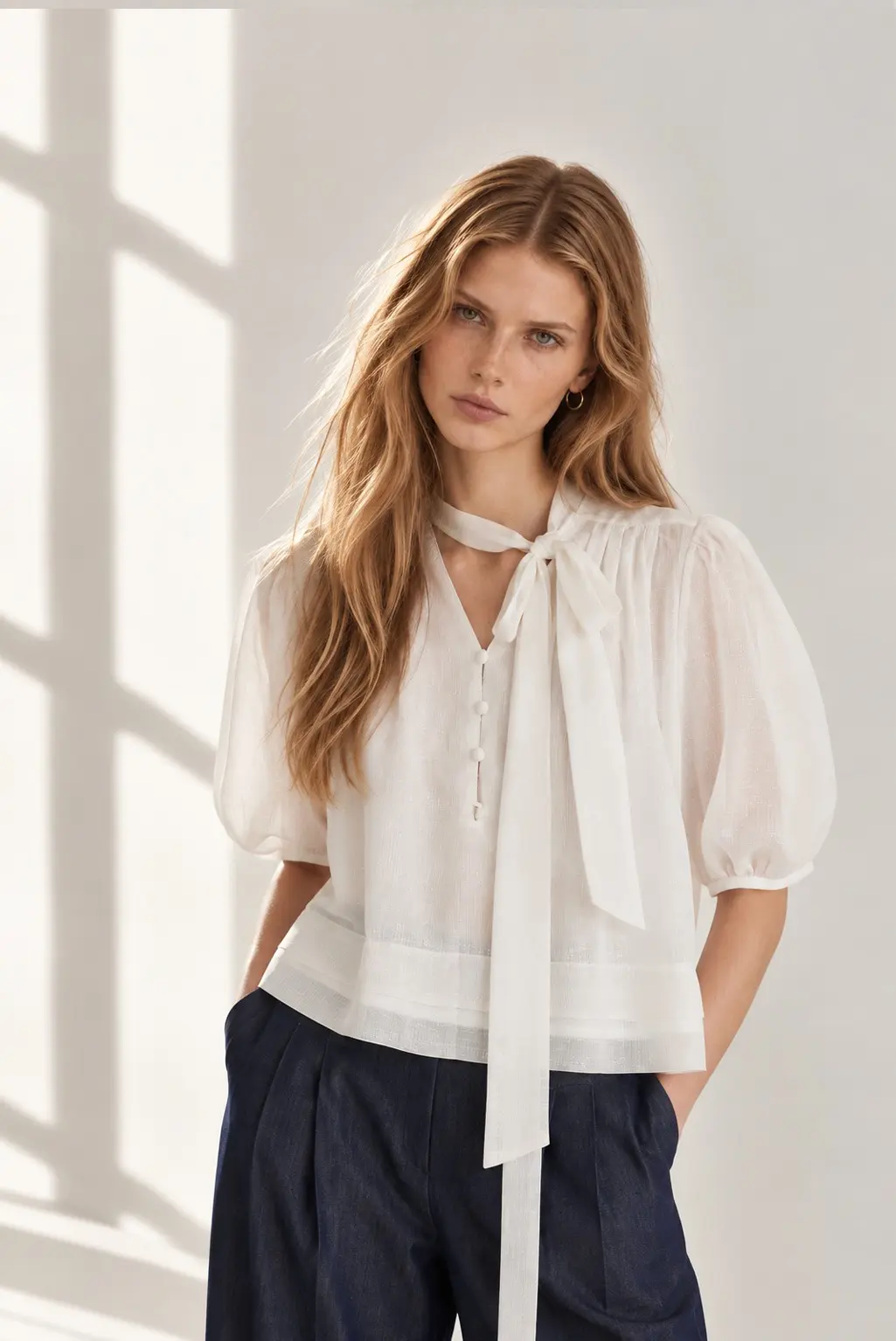 [CAHISIENNE] Vertical Tuck Loose-Fit Silver Stripe Chiffon Blouse