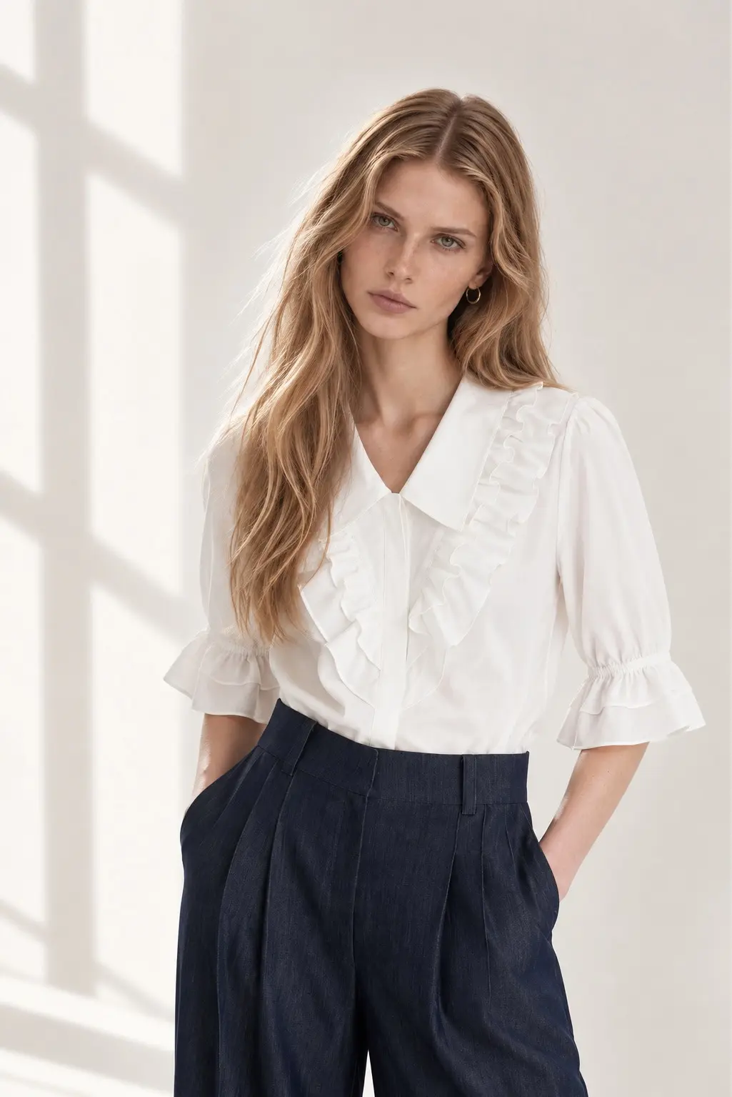 [CAHISIENNE] V-Line Double Ruffle Puff Blouse