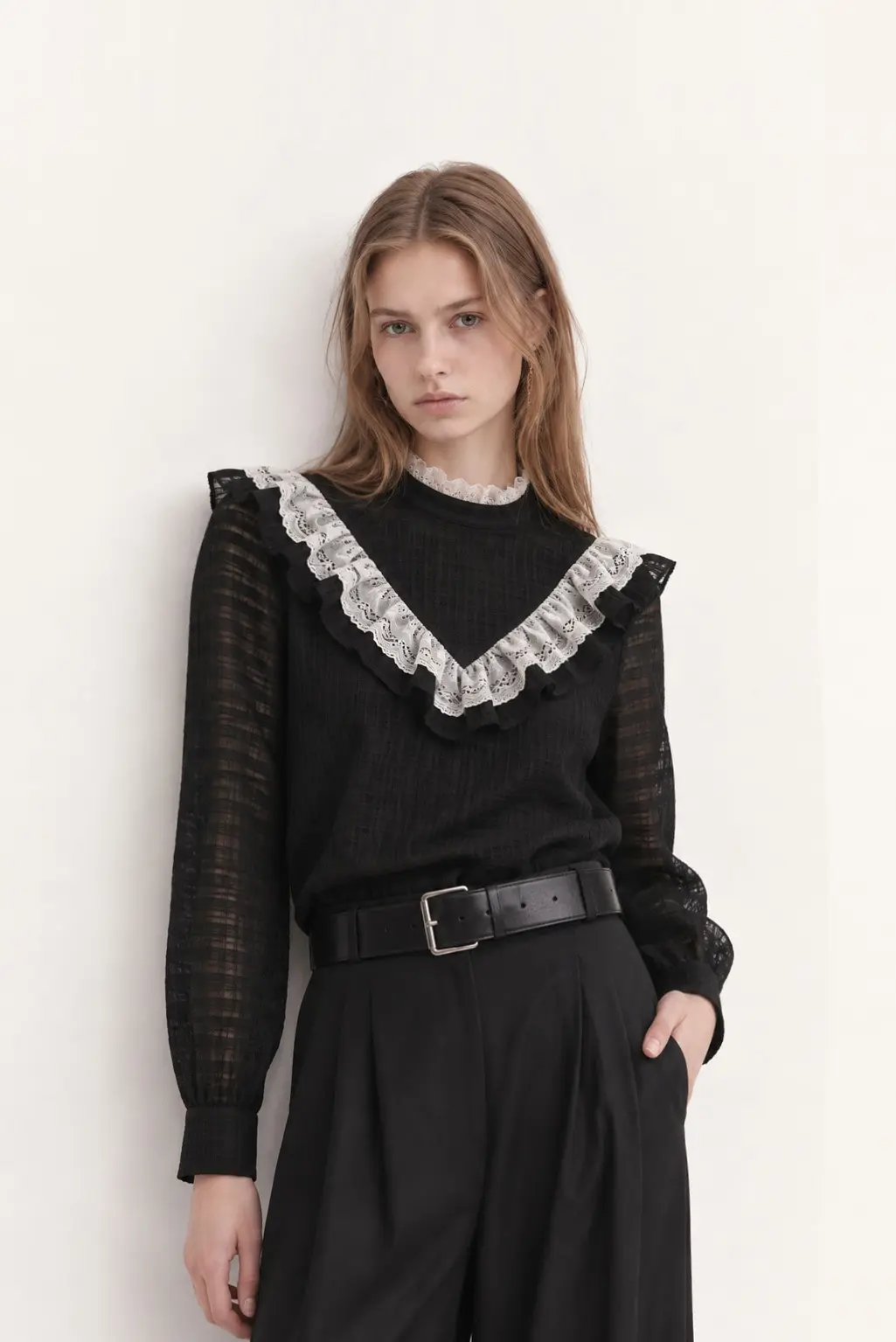 [CAHISIENNE] Black Dot Ruffle Sheer Blouse