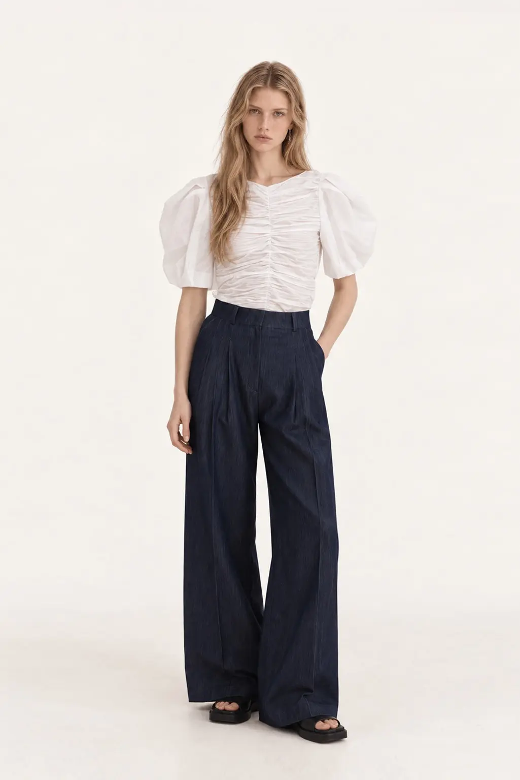 [CAHISIENNE] Pintuck Indigo Wide Slacks