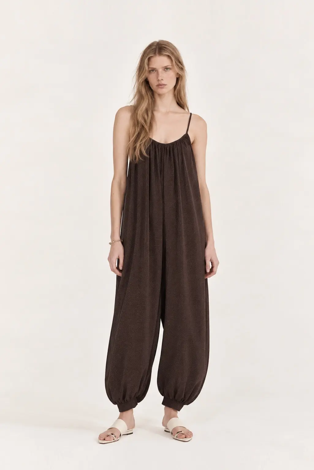 [CAHISIENNE] Brown Dot Balloon Cuffs Jumpsuit