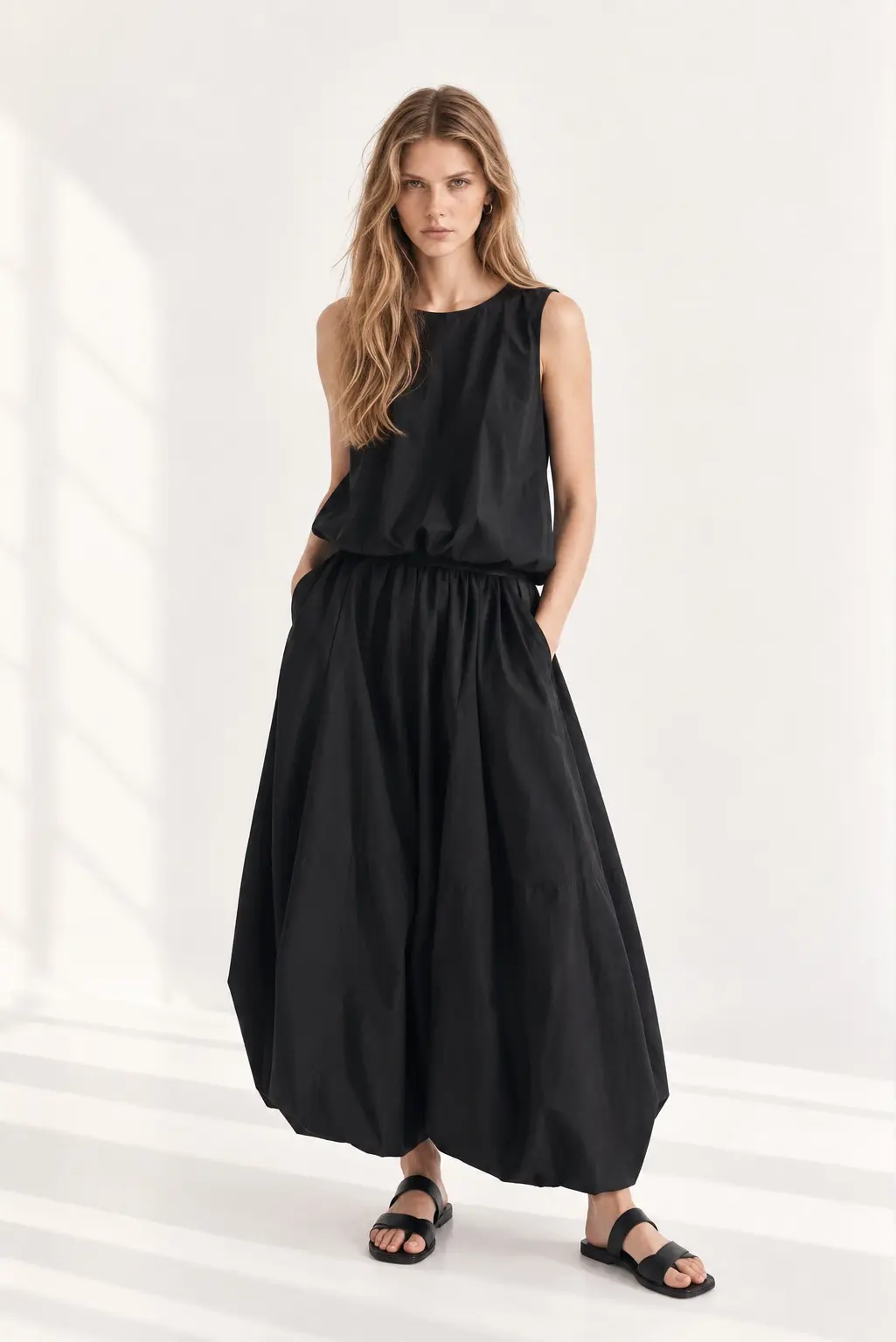 [CAHISIENNE] Bubble Hem Flare Long Banded Skirt