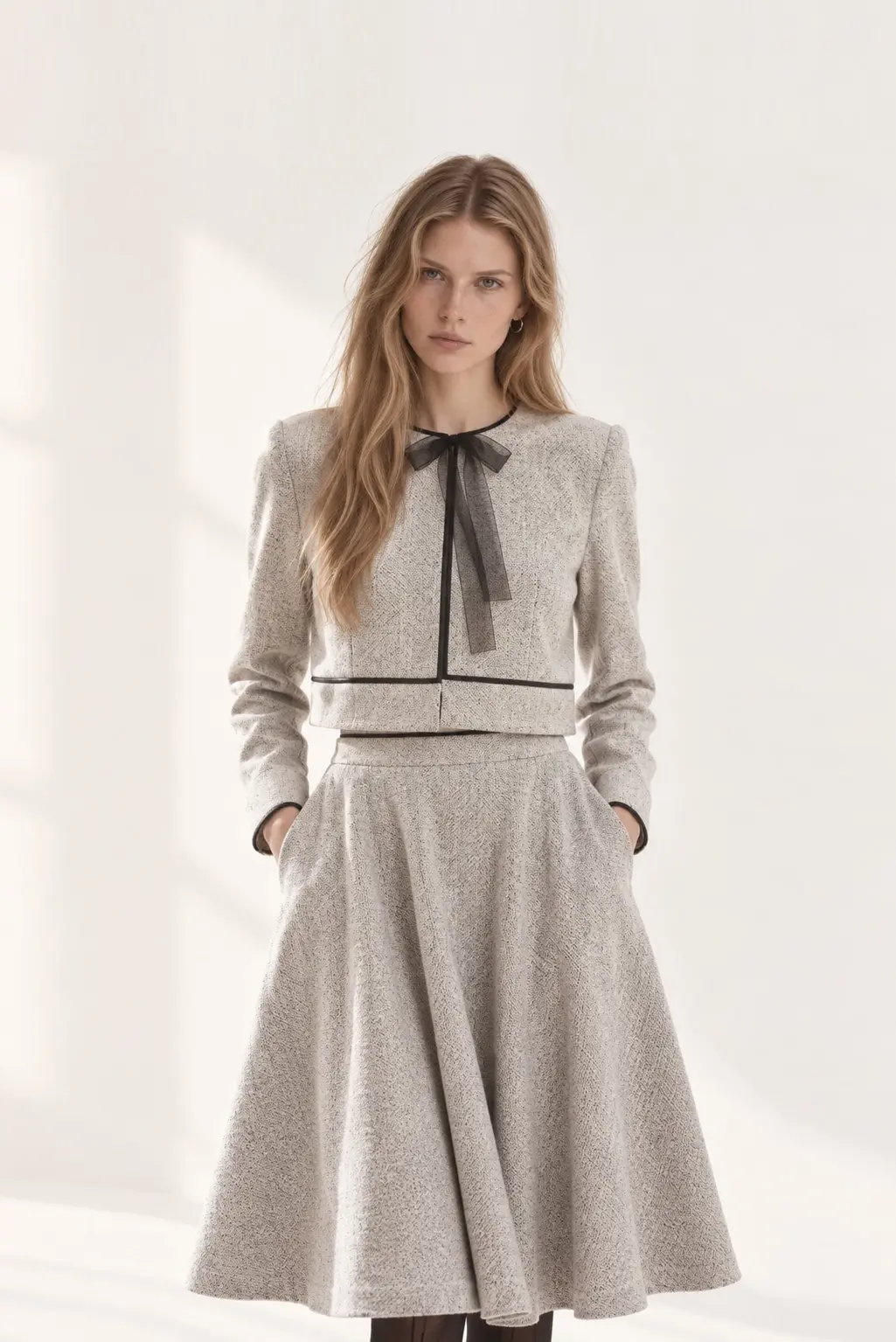 [CAHISIENNE] Black Ribbon Trimming Tweed Flare Skirt