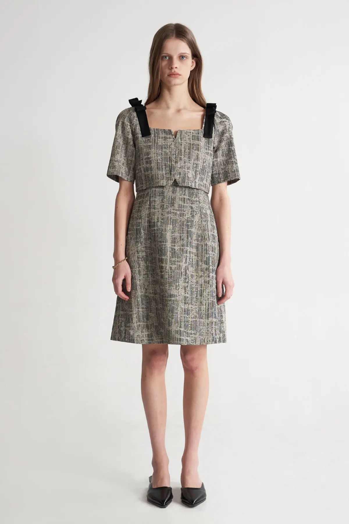 [CAHISIENNE 26SS] Black & Gray Mixed Denim Square-Neck Ribbon Dress