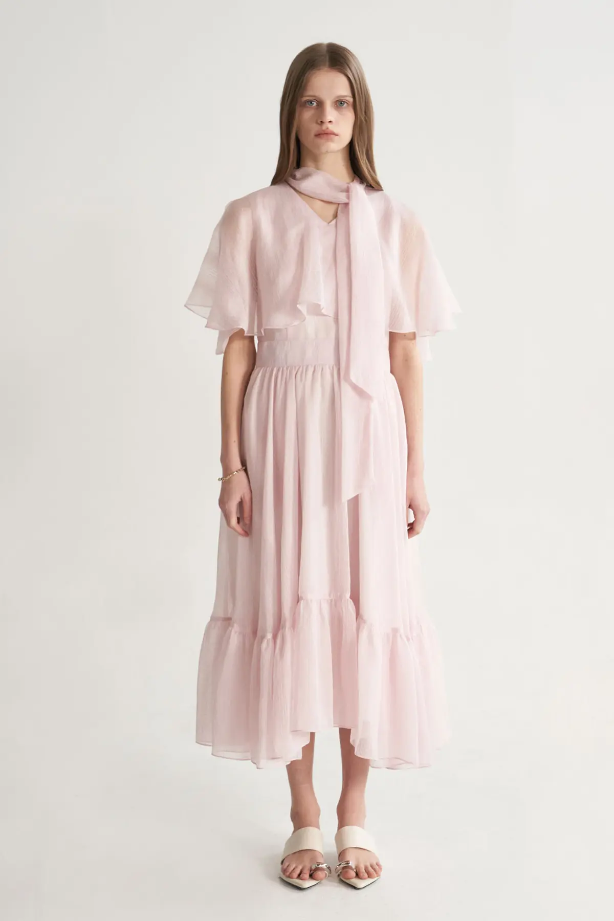 [CAHISIENNE 26SS] Structural Cape V-Neck Long Dress (Pink)