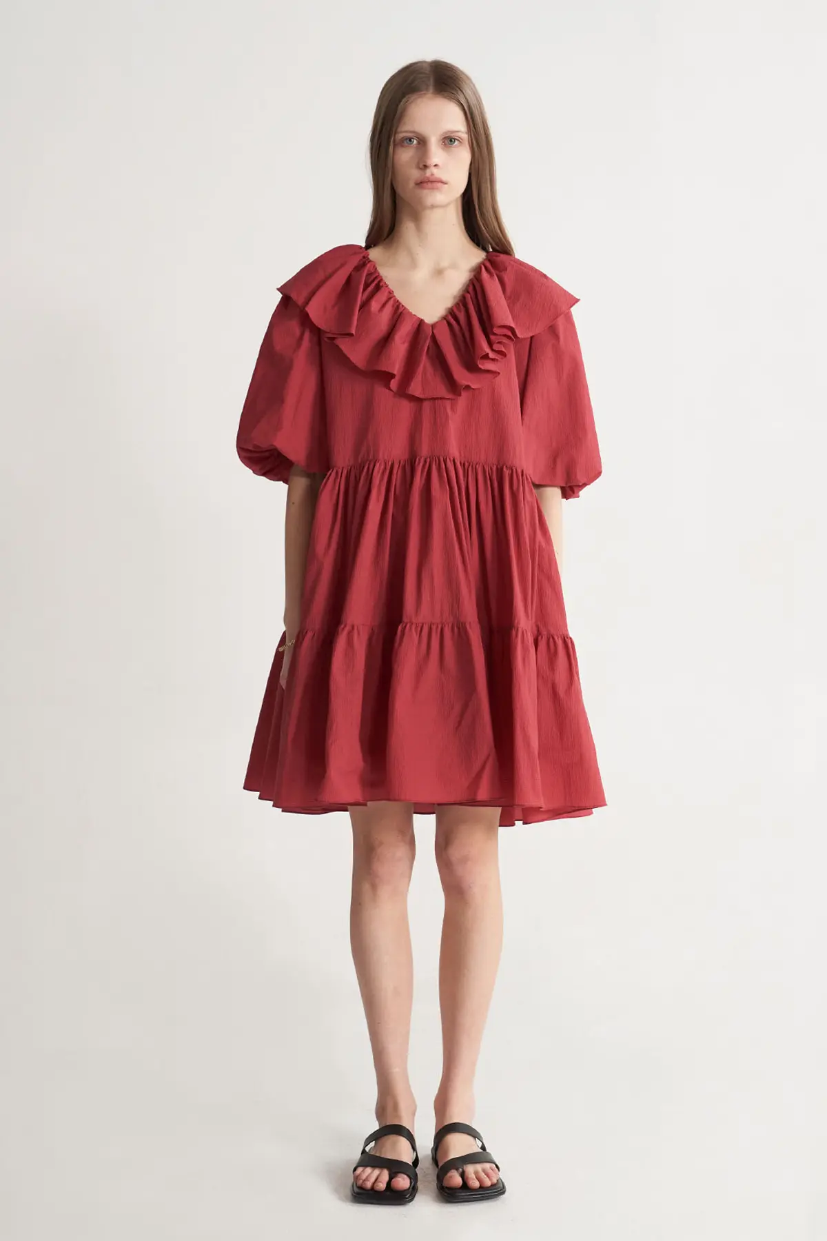 [CAHISIENNE 26SS] Frill Collar Loose-Fit Tiered Dress (Red)