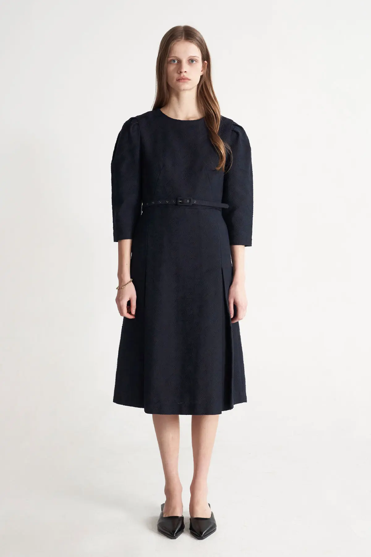 [CAHISIENNE 26SS] Wedding-Guest Jacquard H-Line Midi Dress (Navy Blue)