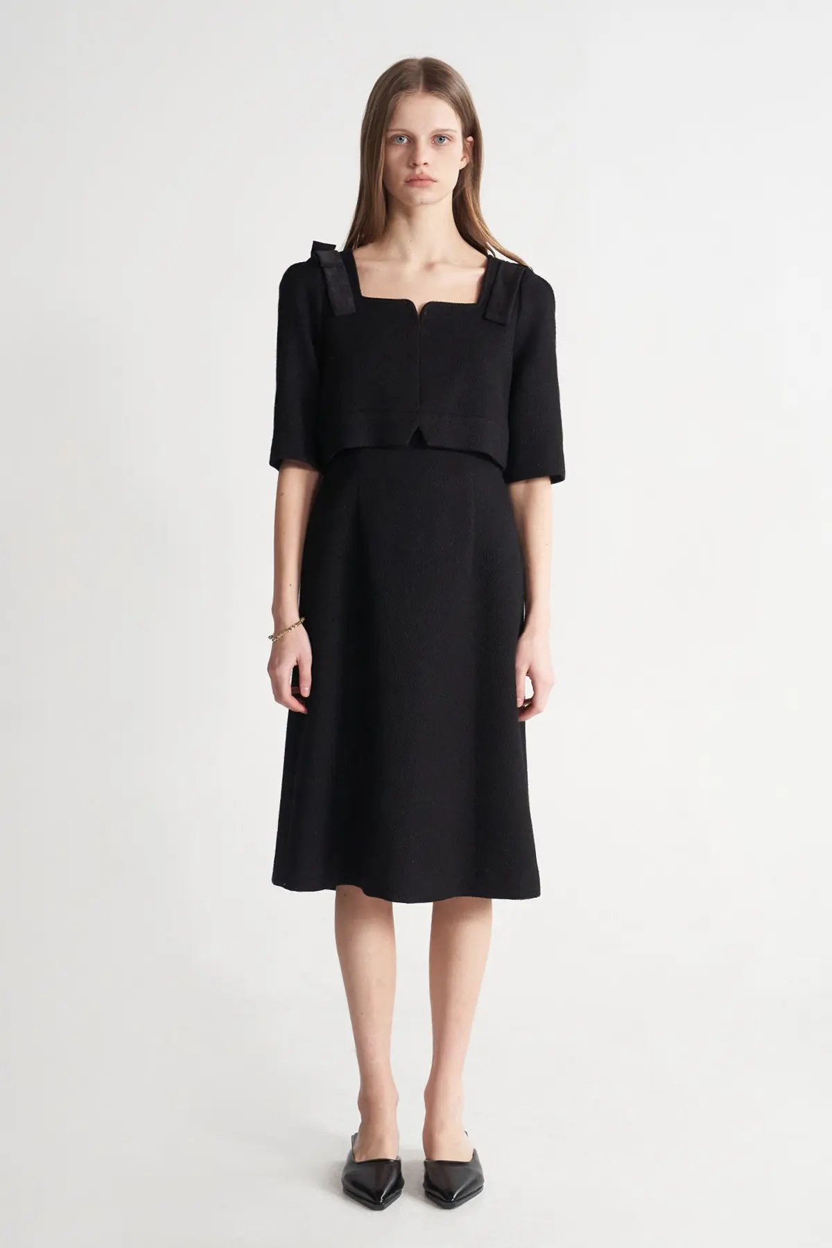 [CAHISIENNE 26SS] Black Square-Neck Ribbon Wedding-Guest Dress
