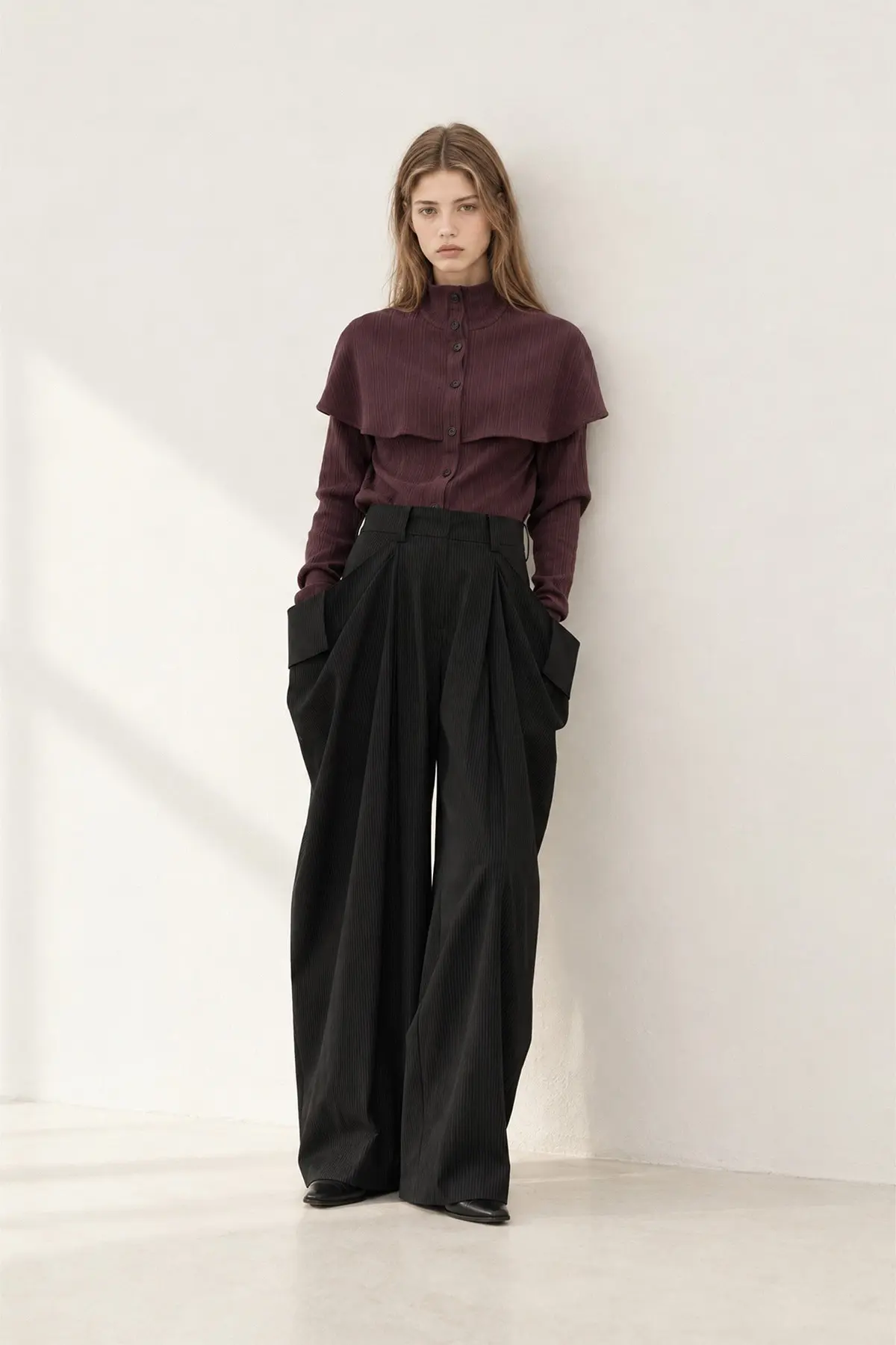[CAHISIENNE] High-Neck Cape Shirring Slim-Fit Knit (Plum)