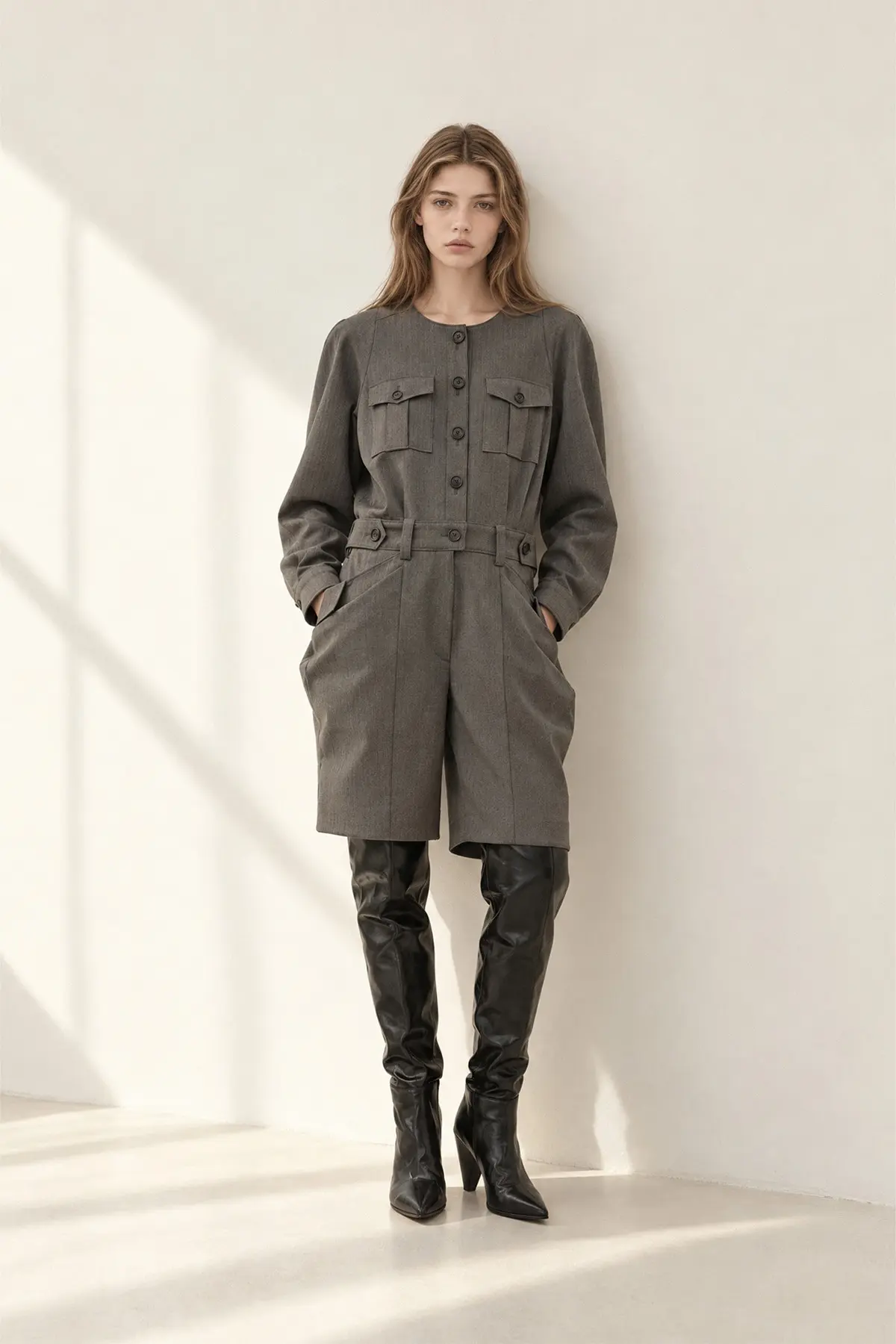 [CAHISIENNE] Herringbone Big Pocket Balloon Jumpsuit (Charcoal Gray)