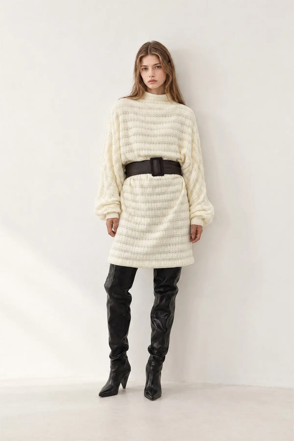 [CAHISIENNE] Hairy Volume Shoulder Over-Fit Knit Leather Belt Dress (Ivory)
