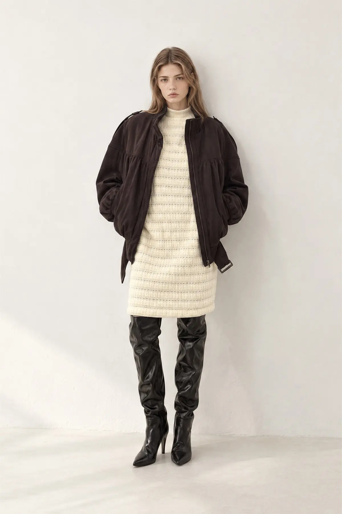 [CAHISIENNE] High-Neck Volume Shoulder Belted Brown Padded Jacket (Dark Burgundy)