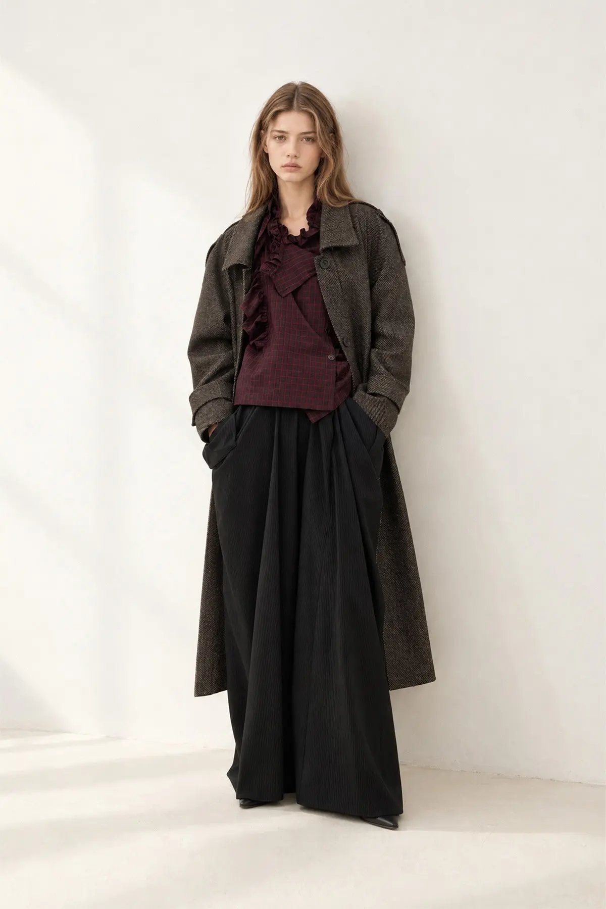 [CAHISIENNE] Wool Blend Volume Shoulder Oversized Long Coat (Charcoal Gray)