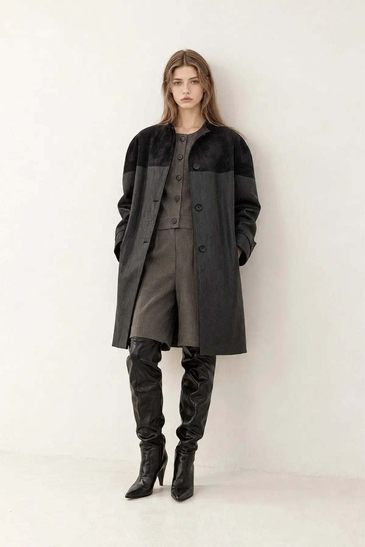 [CAHISIENNE] Leather Combo Volume Shoulder Oversized Half Coat (Black)