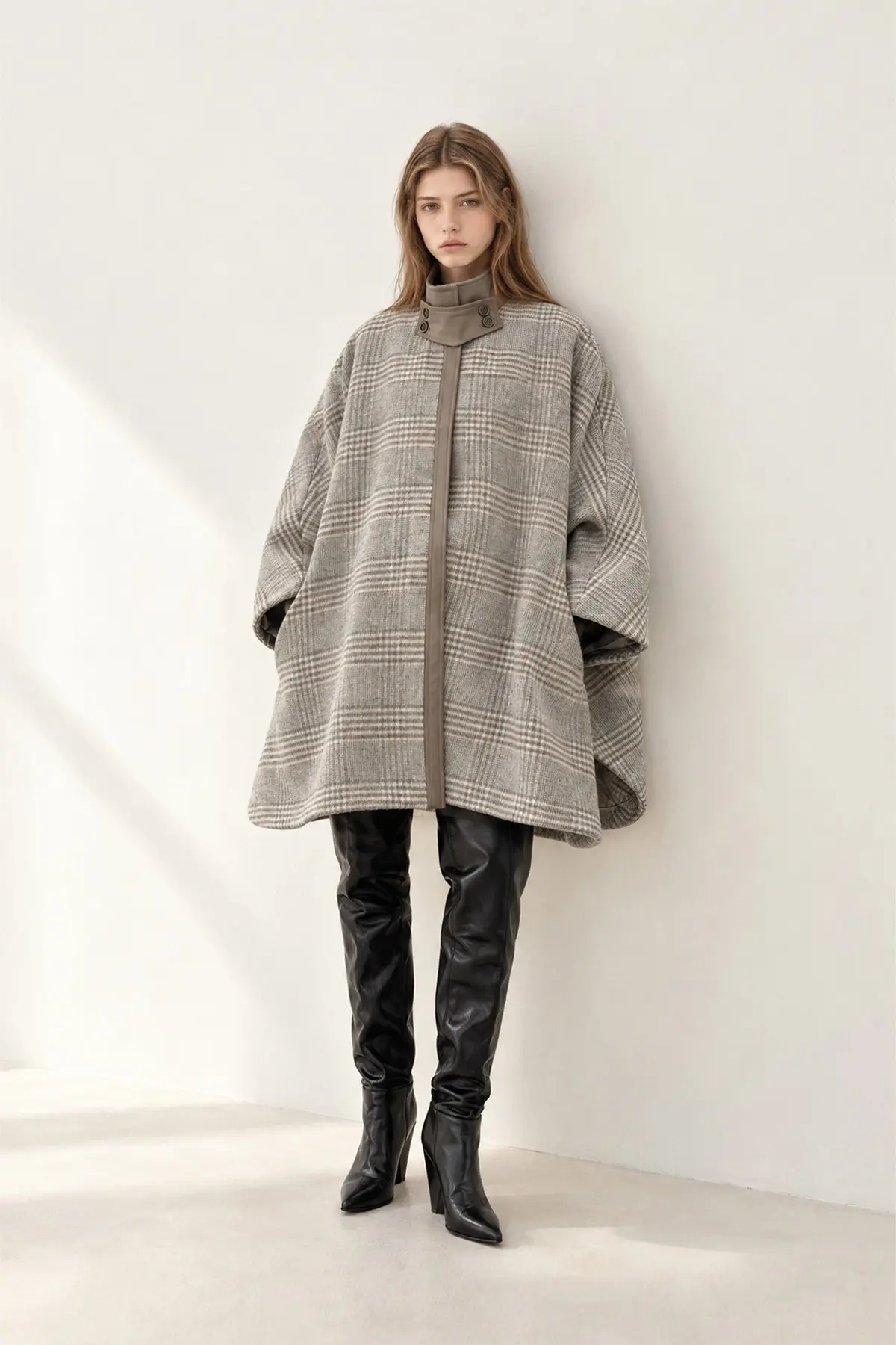 [CAHISIENNE] Wool Alpaca Blend High-Neck Leather Combo Check Cape Coat