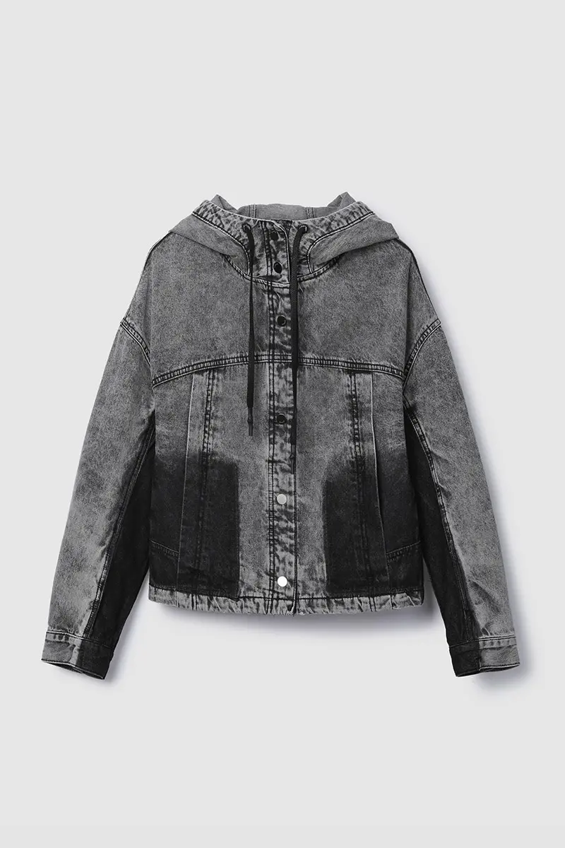 Washed Hooded Denim Shirt Dark Grey