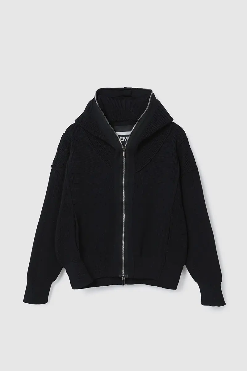 Hood Zip-Up Knit Jumper Black