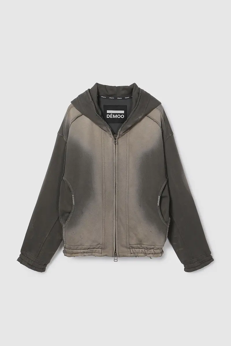 Washing Destroyed Hood Zip Up Khaki