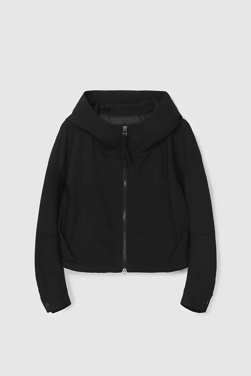 Draw String Zip Up Hood Jacket Black