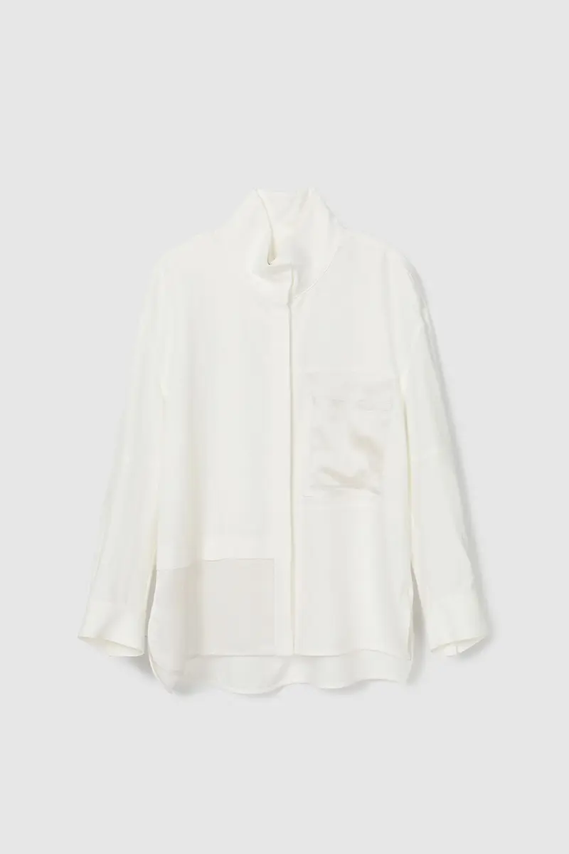 High Neck Satin Patch Blouse White