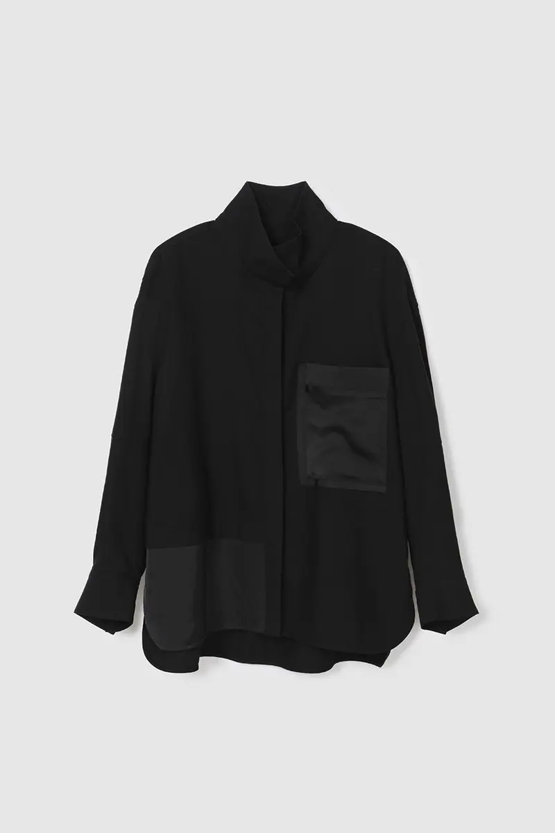 High Neck Satin Patch Blouse Black