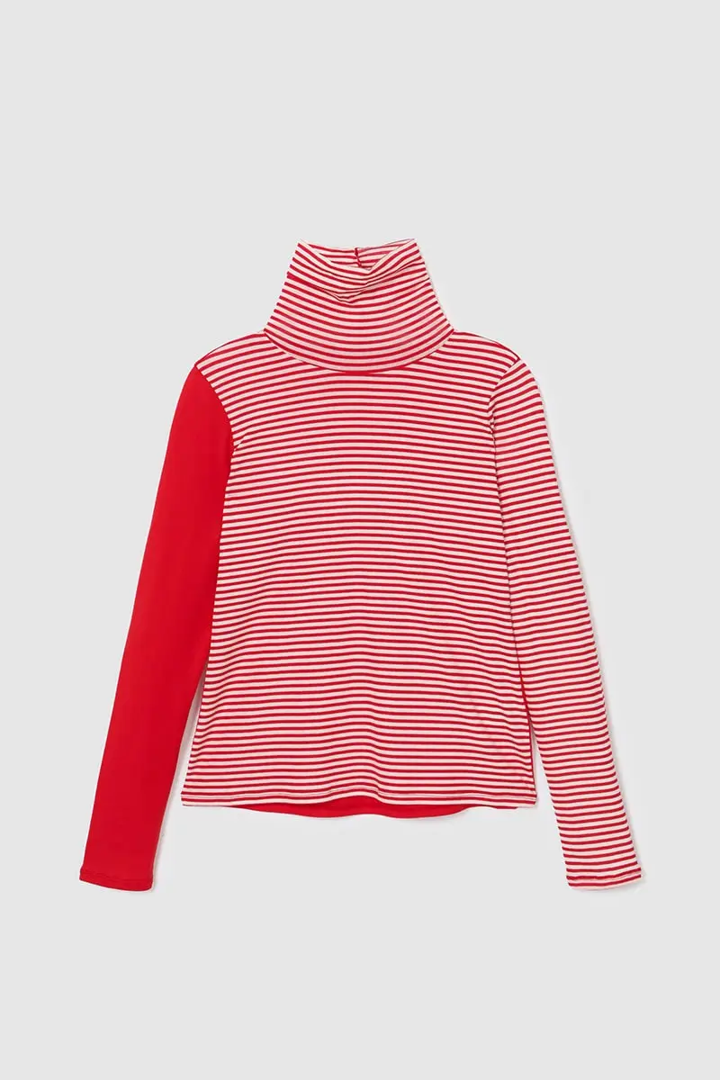 Stripe Pattern Mix Neck T-Shirts Red PT