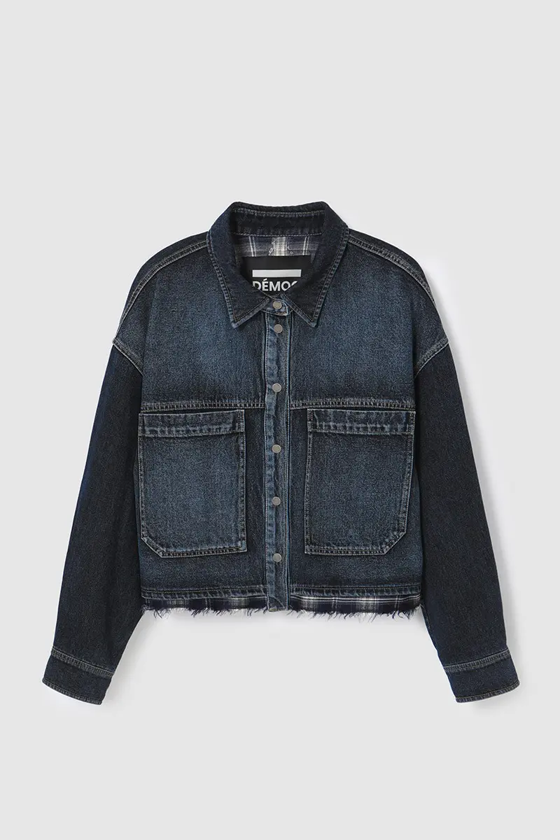 Check Layered Denim Blouse Navy