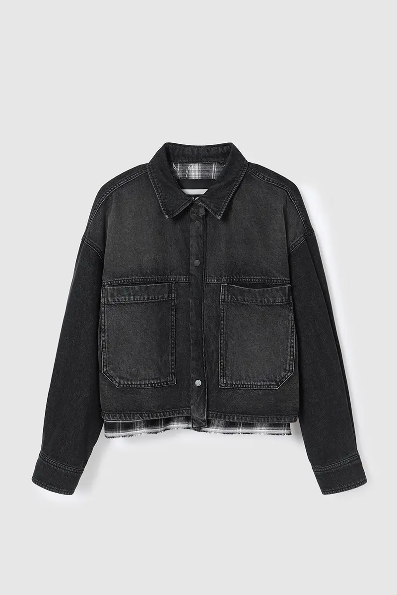 Check Layered Denim Blouse Black