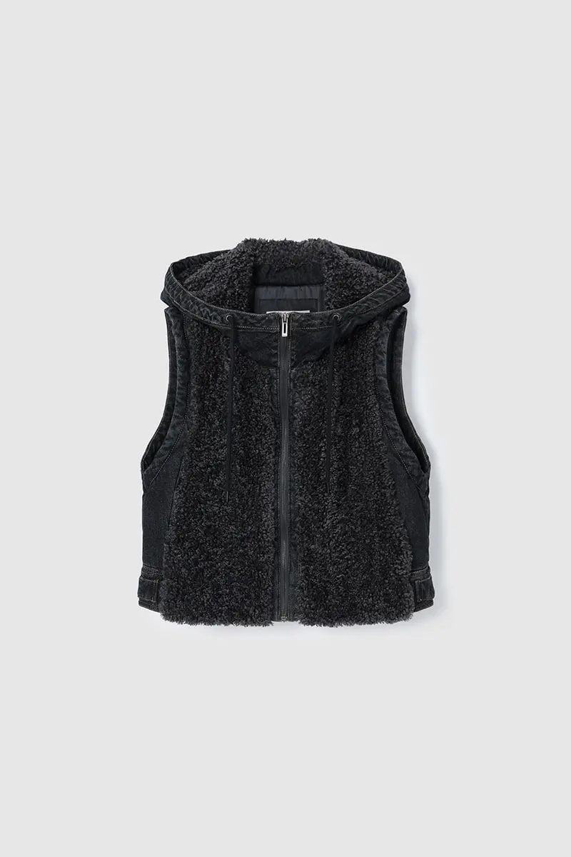 Boucle Denim Hood Vest Khaki Grey