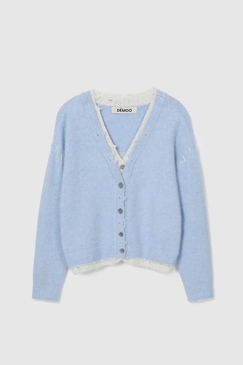 Wool Blend Damage Knit Cardigan Sky