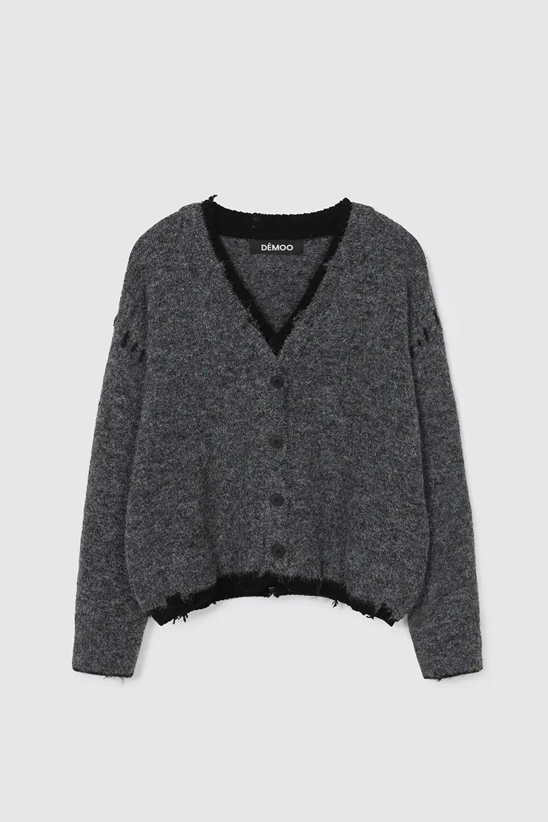 Wool Blend Damage Knit Cardigan Dark Grey